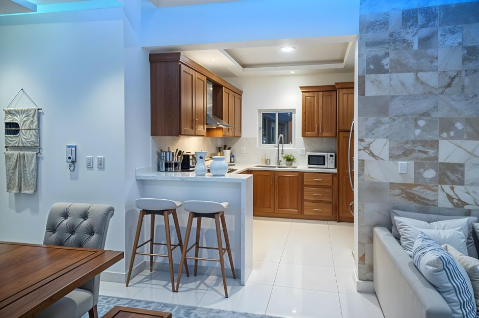 Stylish kitchen interior featuring wooden cabinets, island bar, and seating area.