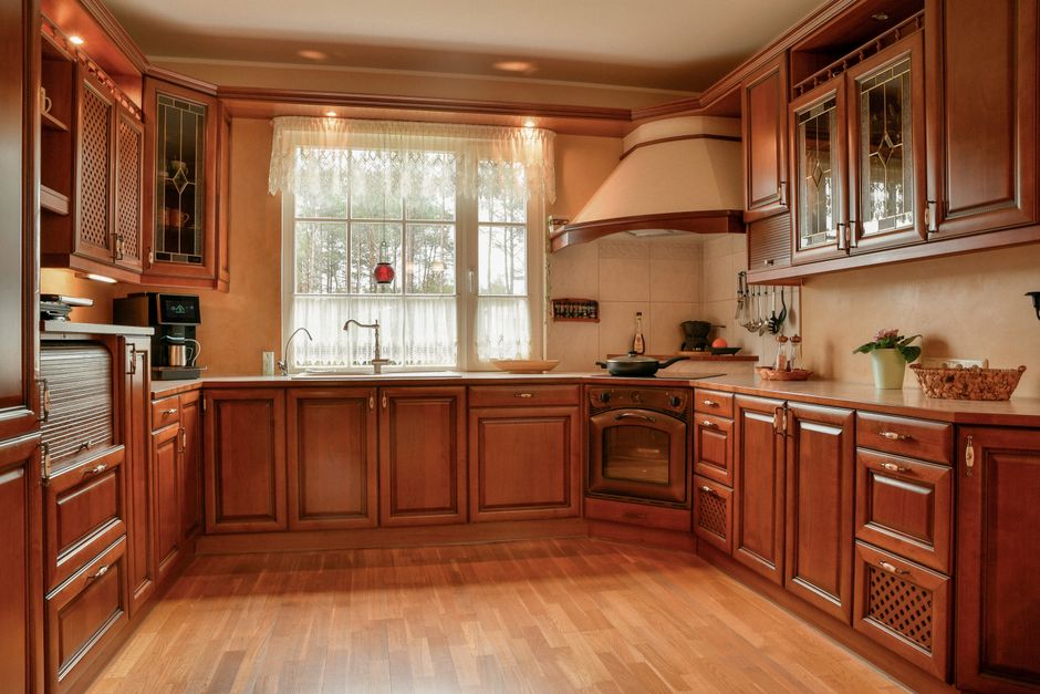 Traditional kitchen with warm wooden cabinets.