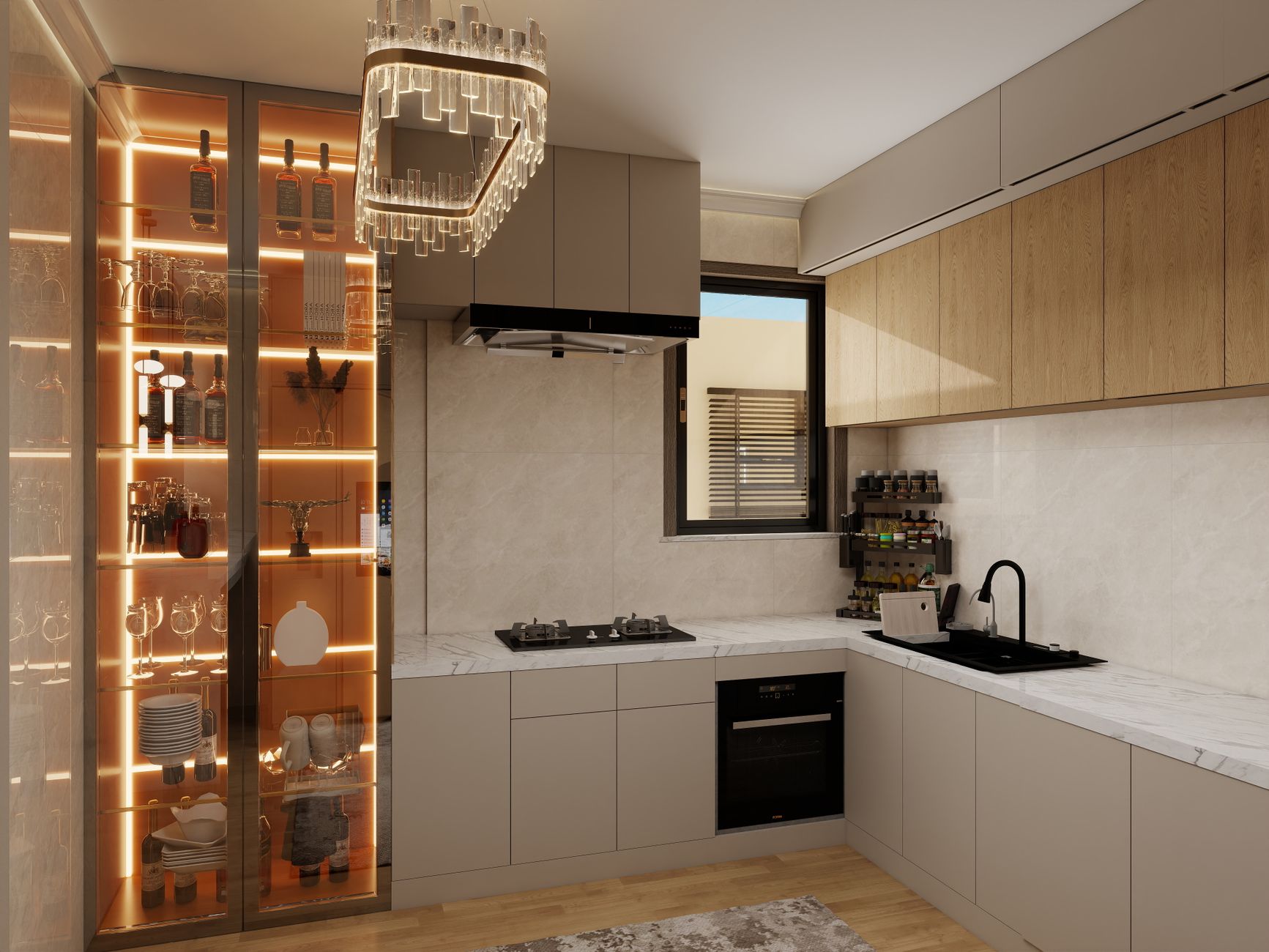 Elegant modern kitchen featuring sleek cabinetry, stylish chandelier, and illuminated display shelves in Austin, TX
